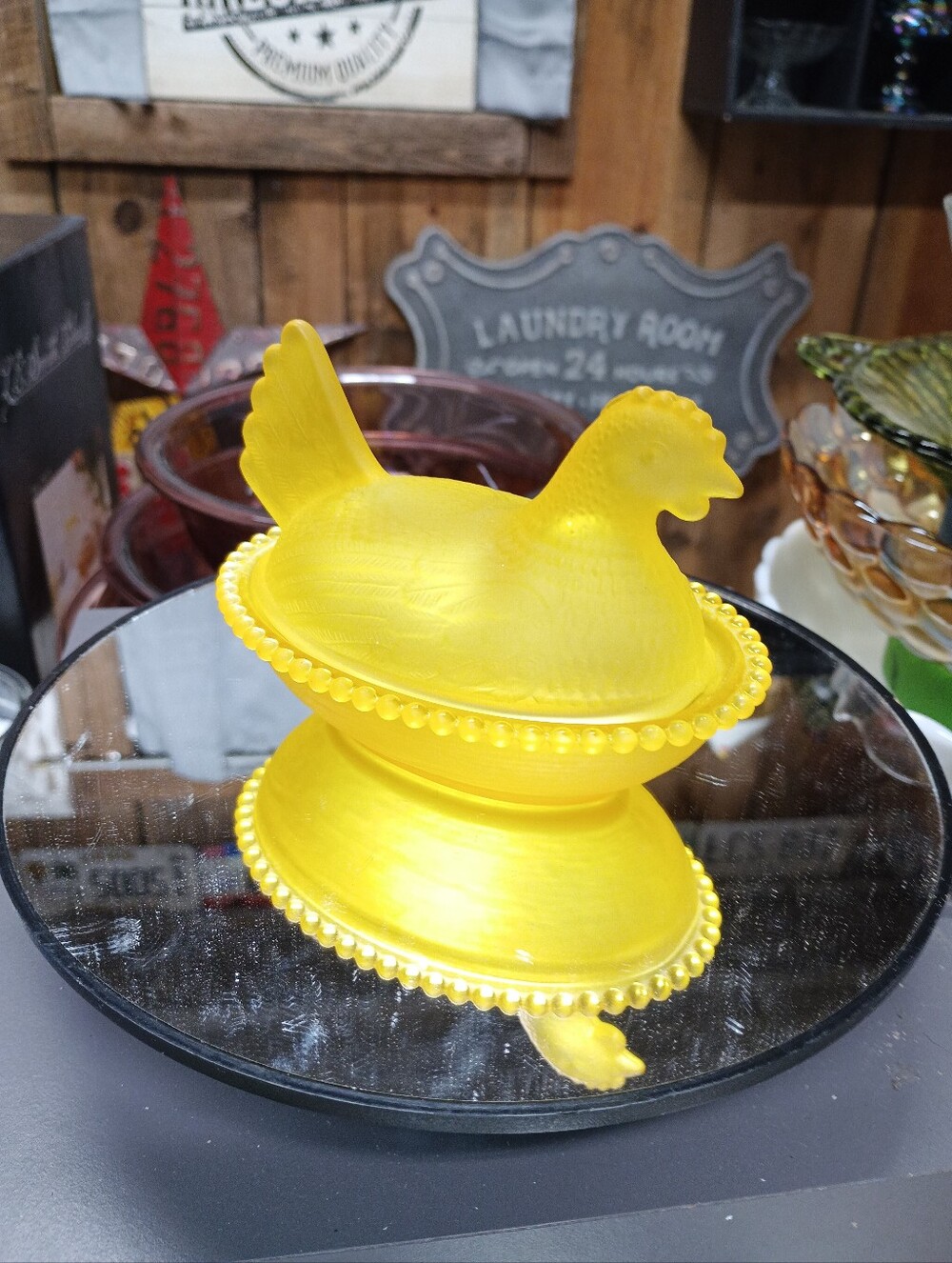 Small Yellow Glass Hen on Nest With A Lovely Satin Finish